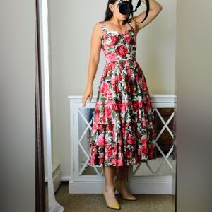 Dolce & Gabbana rose floral cotton poplin tiered dress sz 40 fits SMALLER!